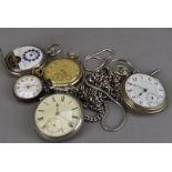 A group of five Victorian and later pocket watches and four watch chains, including a continental