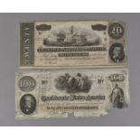 Two 19th century United States Confederate bank notes, one a one hundred dollar example dated for