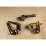 Three briar and silver decorated pipes, one with silver cover and rim marked Perkins Old Root,