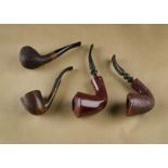 Four Danish briar estate pipes, comprising a Nørding No.5 curved shape with rustic bowl and shaped