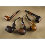 Two Danske Club Vario briar pipes, both with rustic bowls and shanks, one curved the other