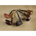 Five Danish briar pipes, including a Son B polished shaped bowl with curved stem, a rustic with