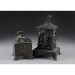 Two 19th Century mixed metal tobacco jars and covers, one decorated with courting couple and