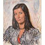 Bernard Hailstone R.P. (1910-1987), oil on canvas, Portrait of a Lady in Black & White Striped