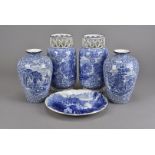 A pair of ovoid Fenton blue and white vases, with transfer printed rural scenes, 22 cm high,