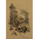 Four framed etchings of the Lakes and Lincolnshire, including the Bowderstone in Borrowdale,