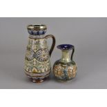 A Doulton Lambeth and silver plated tapered jug, with incised floral design by Emily Stormer,