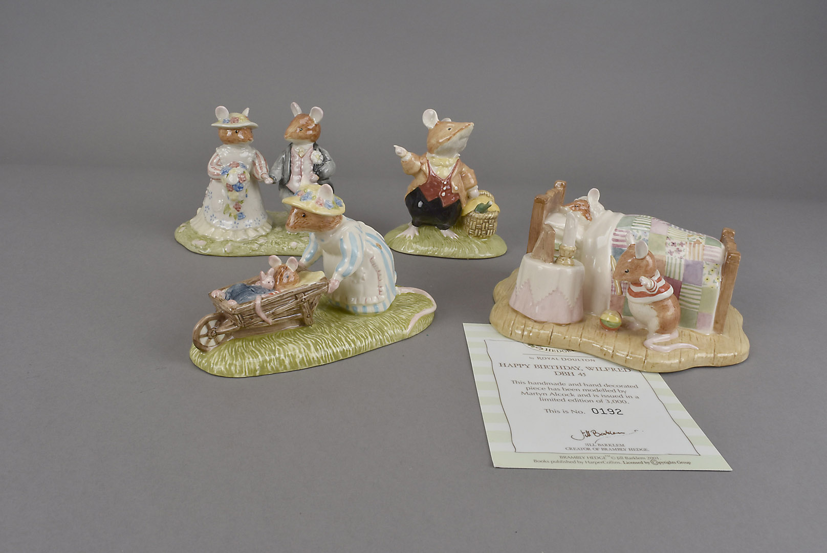 A small group of large Royal Doulton Brambly Hedge characters, including Happy Birthday Wilfred,