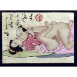 A Meiji period Japanese shunga woodblock print, of an erotic scene of love making, probably by