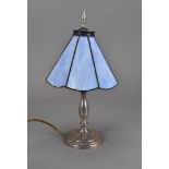 A George V silver table lamp, with blue lead glass shade, 33 cm high max