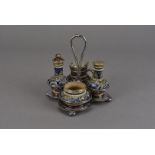 A Doulton Lambeth stoneware and silver plated cruet set, all with incised and scroll beadwork