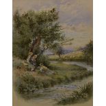 Myles Birket Foster RWS (1812-1899), watercolour bucolic figural landscape of figures by a chalk