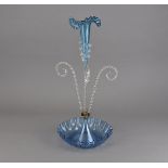 A 19th Century epergne, with central blue glass trumpet vase with crimped rim and three twisted