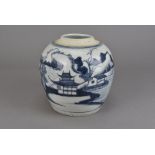 A Chinese blue and white ginger jar, the ovoid body decorated with pagodas and figure fishing in