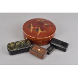A group of 18th century Toleware snuff boxes, vesta case, and a Japanese lacquer collar box 13.5