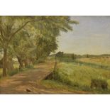 Einar Parslev (1891-1977), oil on hessian pastoral scene of a tree covered track between fields