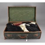 A collection of 19th century and later vintage clothing, including shoes, handbag, lace samples, and