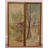 A pair of Berlin woolwork pictures, depicting continental landscapes, 70 cm x 25 cm (2)