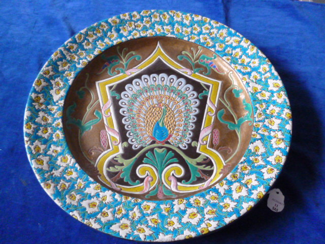 An Art Deco charger in the Emaux de Longwy style, with gold and polychrome peacock reserve within - Image 6 of 6