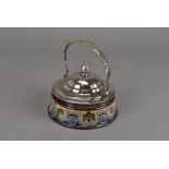 A Doulton Lambeth stoneware and silver plated sugar bowl, with swing handle and domed lid leaf