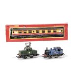 Tri-ang and Hornby 00 Gauge Locomotives and Coach, Tri-ang green 0-4-0 Steeple Cab, F, pantograph