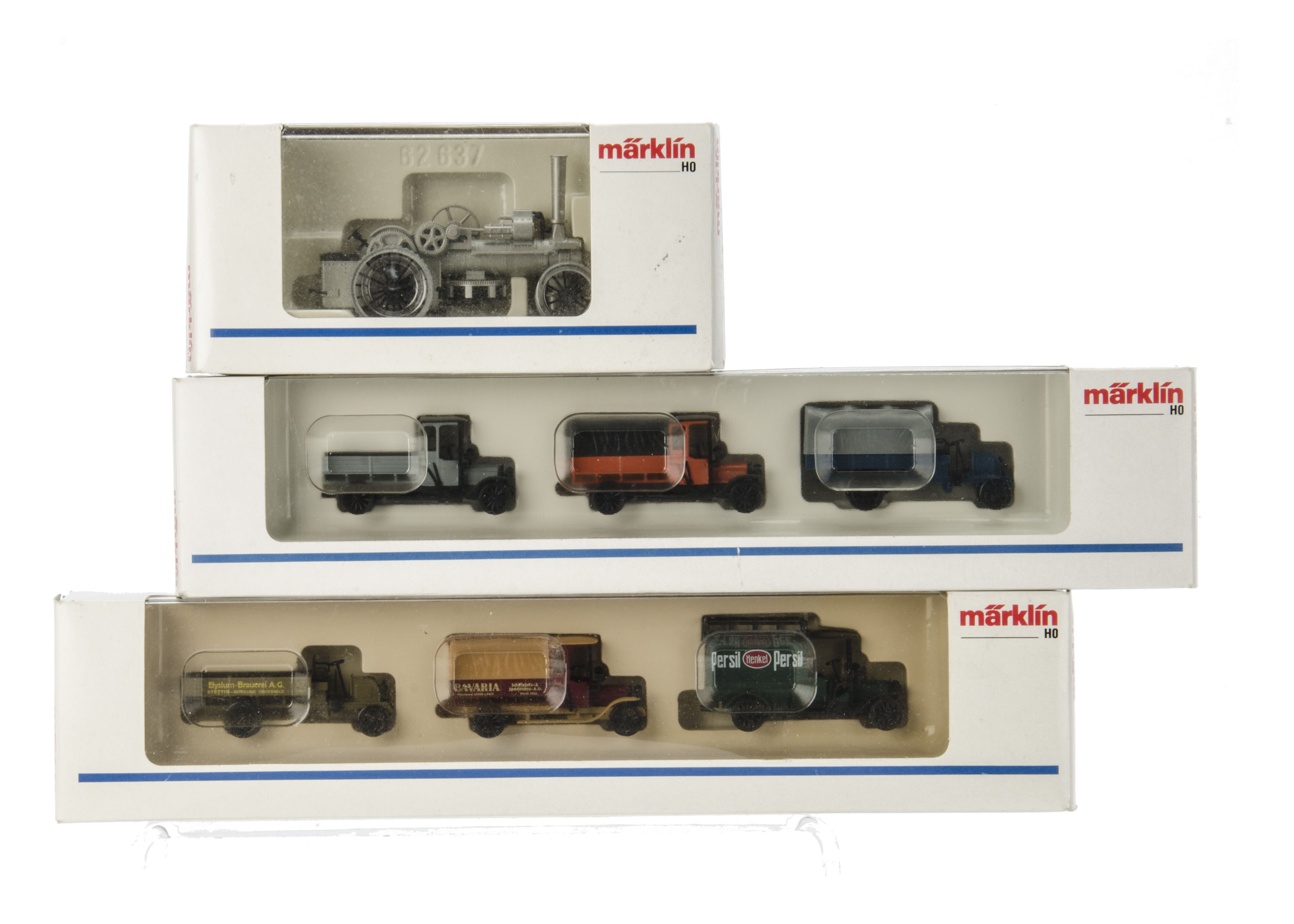 Marklin HO Gauge Road Vehicles ref 1894 & 1899 Advertising Vans and a ref 1896 traction engine, E,