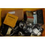Various cameras and accessories, lens hoods, flash units, tripods, vintage and contemporary (two