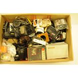 A large collection of camera related accessories, to include filters, cables, bags etc (two boxes)