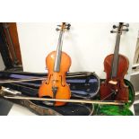Violins, two 13" one labelled The Maidstone, John Murdoch & Co. needs attention with bow in wooden