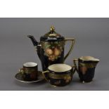 An art deco Soho pottery coffee set, comprising coffee pot, cream jug, sugar and six cans and