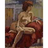 Ken Moroney (b. 1949), oil on board reclining female nude study on red drape, signed lower right