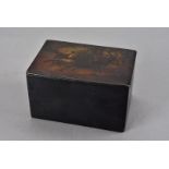 A Russian papier-mâché tobacco box, the top decorated with cart and troika scene, lacquered to the