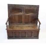 A 17th century oak box settle, with dated top rail for MIC 1662, with panel back, with now curved