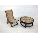 A 19th Century gout stool, with floral upholstery, together with a large circular upholstered