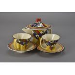 A Moorland Pottery Ltd. reproduction Art Deco tea set, four setting with tea pot, sugar bowl, and