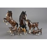 A group of Beswick horses, including Welsh Cob Rearing, Donkey, plus foals, a Sylvac Heavy Horse,