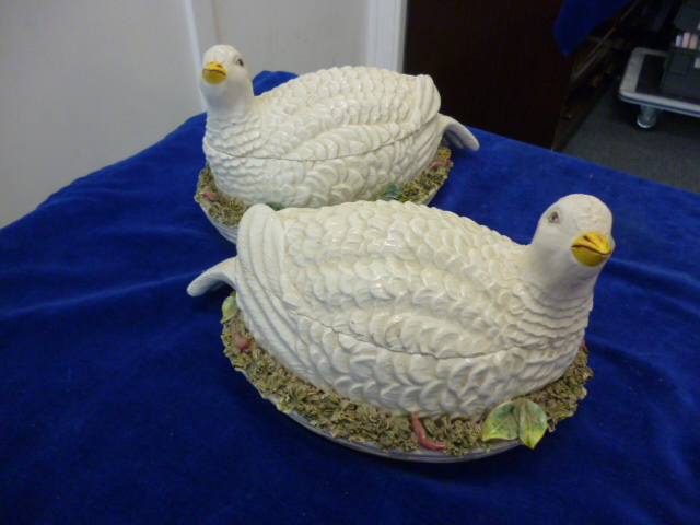 A pair of Palissy style majolica vegetable tureens, modelled as recumbent Arctic partridge on a - Image 9 of 9