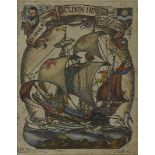 By and after Isobel Saul (1895-1982), hand coloured etching Sir Francis Drake's The Golden Hind on