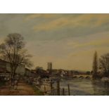 N. Haigh (20th century), pair of watercolour figural landscapes 'Riverside' and 'High Street' in
