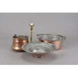 A collection of 19th century and later copper and brass, including a copper kettle, egg codding pan,
