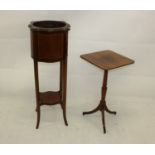 An Edwardian mahogany and chequered strung serpentine plant stand, supported on tapered swept legs
