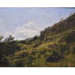 A large 19th century Scandinavian oil on canvas landscape, featuring a hillside crag with cumulus