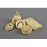 Three 19th Century Chinese ivory carved items, including a shaped card case depicting an elder