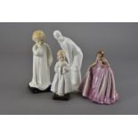 A collection of Royal Doulton figures, including Darling and Bedtime, as well as a Cricketer rom the
