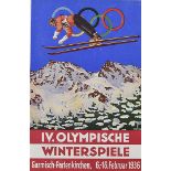 A 1936 Garmisch Winter Olympics advertising postcard, showing a ski jumper, the reverse with post