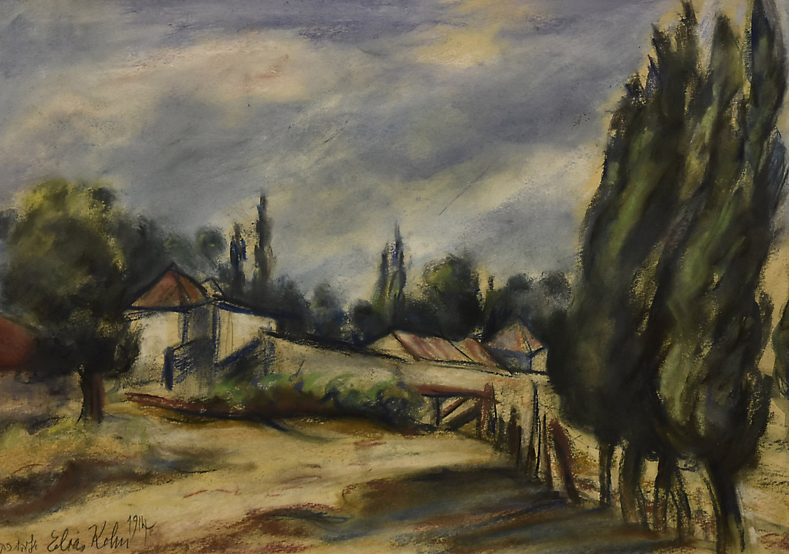 Elias Kohn (Israeli act. 1916-1968), pastel on paper of French farm buildings and cypress trees,