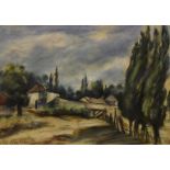 Elias Kohn (Israeli act. 1916-1968), pastel on paper of French farm buildings and cypress trees,