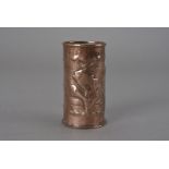A Newlyn school copper brush pot, decorated in an aquarium pattern with goldfish coral and