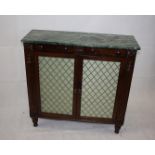 A 19th Century mahogany and marble topped pier cabinet, having grille fronted panel doors to two