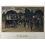 Harry Evans, lithograph, Parcel Mail Coaches at the Chequers Horley, 15 cm x 25 cm